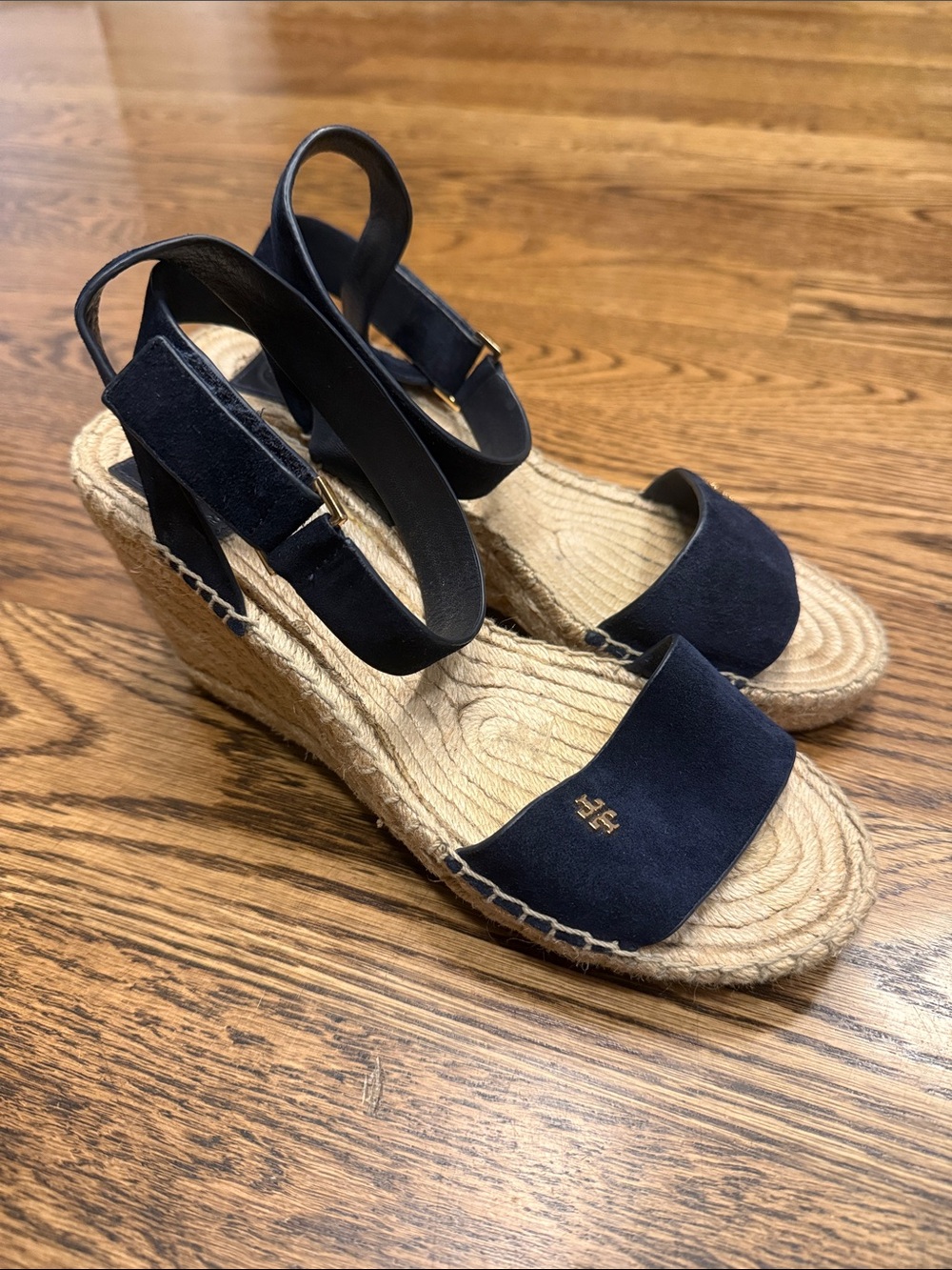 Tory Burch Navy Suede Espadrille Wedge Sandals